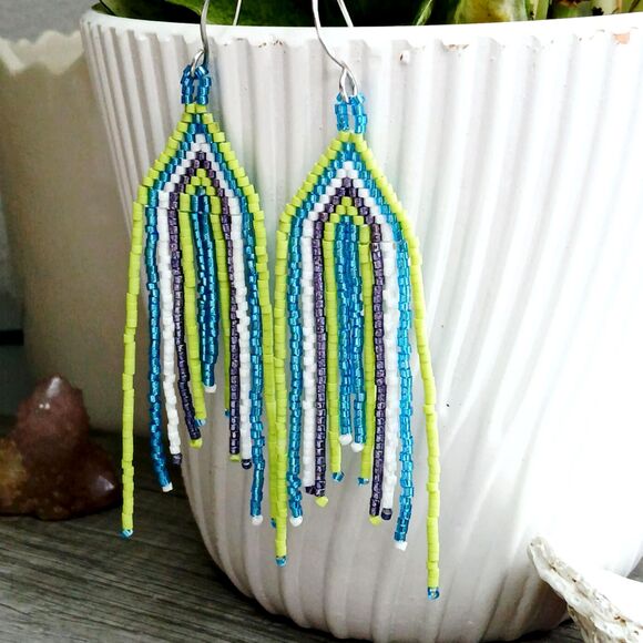 Boho Chic Beaded Cascade Fringe Dangle Earrings, Seed Bead Jewelry, 3.75" - Picture 4 of 5